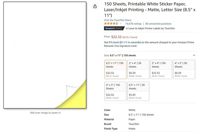 TownStix Printable White Sticker Paper, Matte, 8.5″ x 11″ TownStix Printable White Sticker Paper, Matte, 8.5″ x 11″